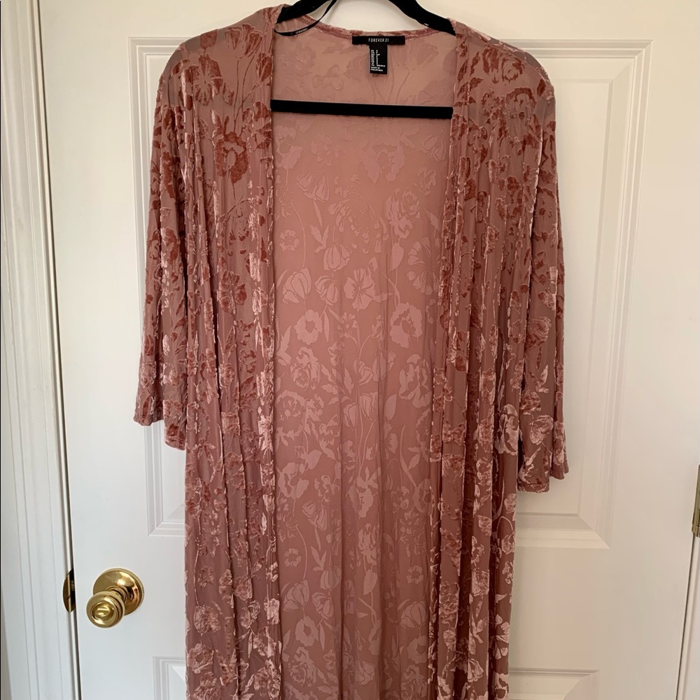 Pink Velvet Flowy Cardigan from Forever 21. Lightweight and long.